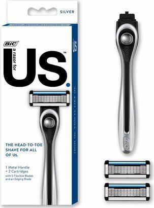 BiC Us. 5-Blade Unisex Razor Handle + 2 Blade Refills - Silver