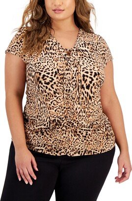 Plus Size Animal-Print Lace-Up Top, Created for Macy's