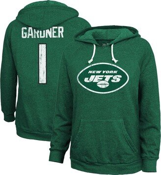 Women's Threads Ahmad Sauce Gardner Heather Green Distressed New York Jets Name and Number Pullover Hoodie