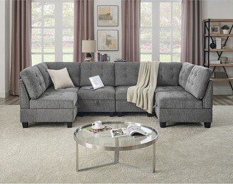 TOSWIN Chenille Modular Sectional Sofa with Hidden Storage - 6 Pieces, Copper Nail Inlay
