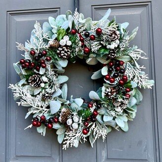 Winter Lamb's Ear & Berries Front Door Wreath, Christmas Cedar Pinecones Holiday Wreath