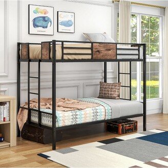 Twin Over Twin Metal Bunk Bed with Ladder and Full-Length Guardrail, Black