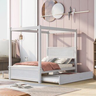 HOMEBAY Wood Canopy Bed with Trundle Bed and two Drawers, Full Size Canopy Platform Bed