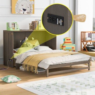 EDWINRAY Queen Size Murphy Bed with Built-In Charging Station, Solid Wood Platform Bed Frame with Storage Drawer for Kids Teens Adults