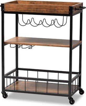 Cerne Oak and Finished Mobile Metal Bar Cart with Wine Bottle Rack Brown