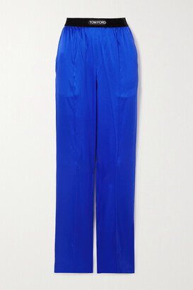 Velvet-trimmed Stretch-silk Satin Pants - Blue