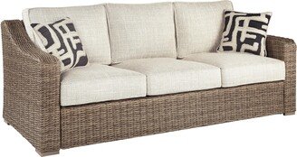 Metal Wicker Woven Sofa with Fabric Padded Seat and Back, Beige and Brown