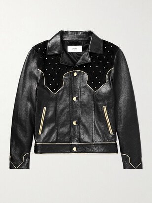 Slim-Fit Studded Suede-Trimmed Leather Jacket-AA