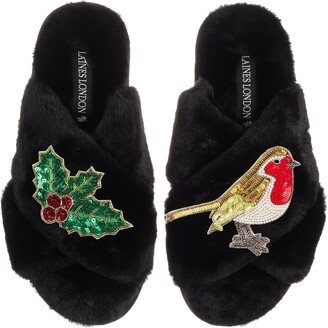 Laines London Classic Laines Slippers With Christmas Holly & Robin Brooches - Black