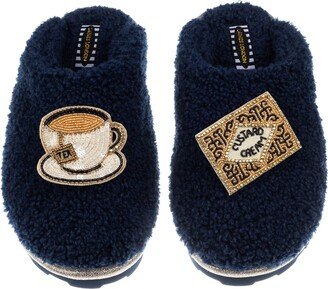 Laines London Teddy Towelling Closed Toe Slippers With Tea & Biscuit Brooches - Navy