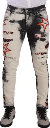 White Black Cotton Distressed Skinny Denim Men's Jeans