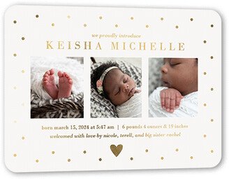 Birth Announcements: Dotted Love Birth Announcement, Beige, Gold Foil, 5X7, Matte, Personalized Foil Cardstock, Rounded