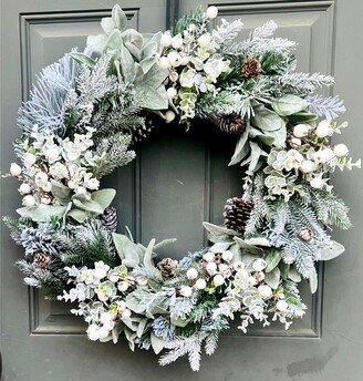 Farmhouse Winter Berries Pine & Lamb's Ear Front Door Holiday Wreath, White Christmas Lambs Wreath For Outdoors