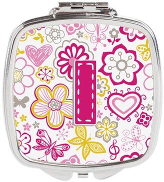 CJ2005-ISCM Letter I Flowers & Butterflies Pink Compact Mirror