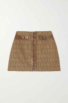 Leather-trimmed Canvas-jacquard Mini Skirt - Brown
