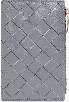 Leather Wallet With ‘Intrecciato’ Weave - Grey