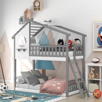 Calnod Twin Over Twin Size Bunk Bed with 4-Step Ladder and Full Length Railings, Semi-Enclosed Wood Bed with Roof and Window