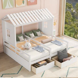 Sunmory Twin Size House Platform Beds with Two Drawers for Boy and Girl Shared Beds, Combination of 2 Side by Side Twin Size Beds