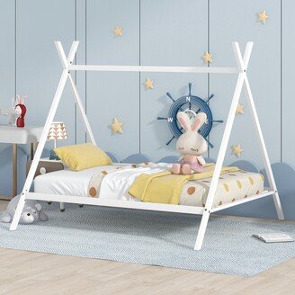 NINEDIN Full Size House Bed for Kids,House Bed Tent Bed Frame,d Metal Floor Play House Bed with Slat for Kids Girls Boys, White