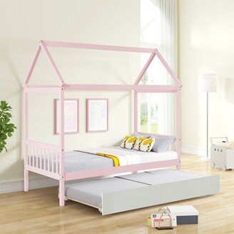 Calnod Versatile Bedroom Furniture for Child and Teen: Twin Size Canopy Bed with Twin Size Trundle, Pine Wood Bed Frame