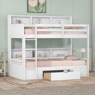 Aoolive Twin Size Bunk Bed with Built-in Shelves Beside both Upper and Down Bed and Storage Drawer