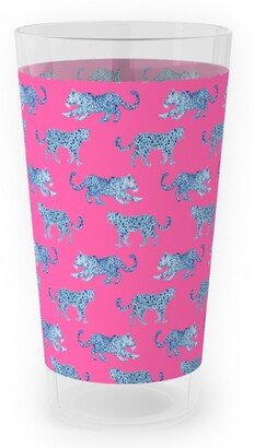 Outdoor Pint Glasses: Tiny Leopard Parade - Blue On Hot Pink Outdoor Pint Glass, Pink