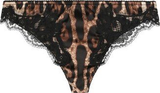 Leopard-print satin thong with lace detailing