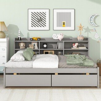 Tiramisubest Full Size Wooden Daybed with Side Bookcase, Drawers