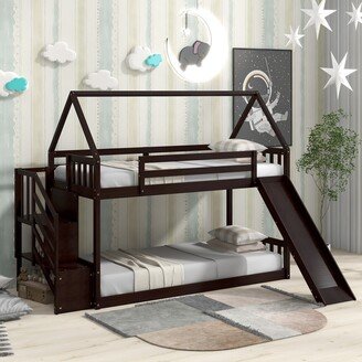 IGEMAN Espresso Twin over Twin Wood Floor Bed House Bunk Bed with Slide and Storage Staircase