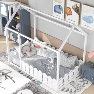 IGEMAN Twin Size Wood Bed House Bed Frame with Fence, for Kids, Teens, Girls, Boys, White