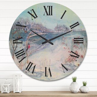 Designart 'Winter Trees River and Birds' Lake House Wood Wall Clock