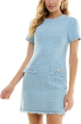 Juniors' Check Fringe-Trim Shift Dress - Sky/Ivory