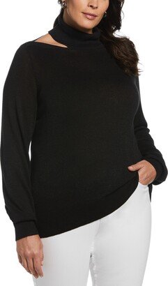 Ella Rafaella Plus Size Rib Trim Long Sleeve Cut Out Sweater