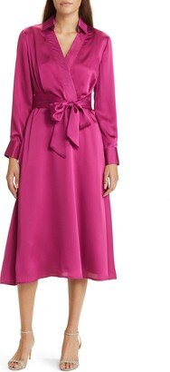 Long Sleeve Hammered Satin Faux Wrap Midi Shirtdress