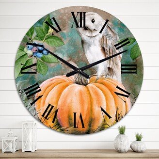 Designart 'Barn Owl Sitting On A Pumpkin' Farmhouse wall clock