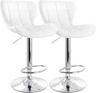 2 Piece Adjustable Faux Leather Bar Stool in White with Chrome Base