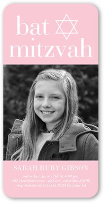 Bar/Bat Mitzvah Invitations: Bright Block Bat Mitzvah Invitation, Pink, 4X8, Standard Smooth Cardstock, Rounded