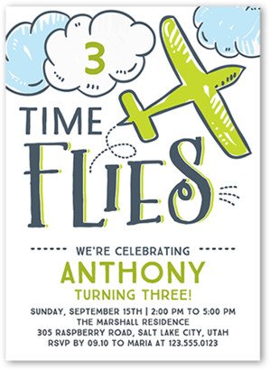 Boy Birthday Invitations: Time Flies Birthday Invitation, Green, 5X7, Matte, Signature Smooth Cardstock, Square