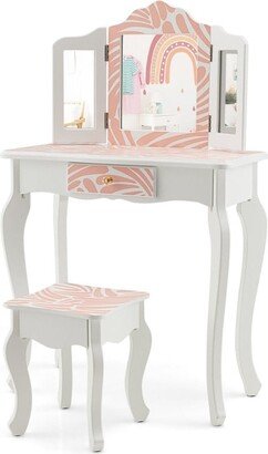 2-in-1 Kids Vanity Table Set with Tri-folding Mirror-Pink - N/A