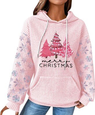 Generic PJZQXS Women Christmas Waffle Hoodie Pink Xmas Tree Graphic Sweatshirt With Pocket Snowflake Christmas Printed Poullover Tops(Pink