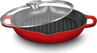 Red Enameled Deep Round Grill Cast Iron Griddle Pan with Glass Lid, Red