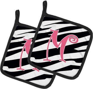 Letter M Initial Zebra Stripe and Pink Pair of Pot Holders