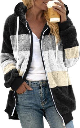 Fululuer Fleece Coat Women Long Women's Plus Size Casual Color Block Plush Sweatshirt Zipper Hoodie Loose Blouse (Black