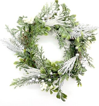 White & Silver Holiday Christmas Dinner Table Decor, 8 Inch Wreath With Eucalyptus, Pine Needles Berry Branches