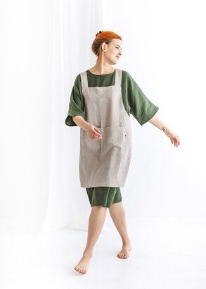 Japanese Cross Back Linen Apron Julie, Pinafore With Wide Pockets, Women Plus