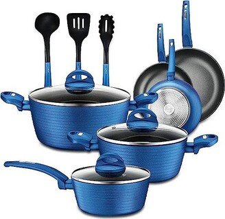 12pc Pots & Pans Set - Stylish Kitchen Cookware, Non-Stick Coating, Light Gray Inside and Blue Outside