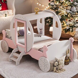 IGEMAN Twin size White+Pink Princess Carriage Bed with Crown,Wood Platform Car Bed with Stair