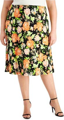 Plus Womens Floral Mid-Calf Midi Skirt