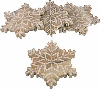 Richly Grained Snowflake Coasters in Acacia Wood with a Washed Finish Set, 4 Piece