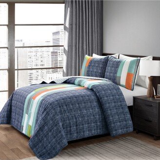 Shelly Stripe 3 Piece Quilt Set, Full/Queen - Navy, Orange